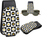 Leather Magnetic Sunglass Holder for Car Sun Visor, Cute Eyeglass Ticket Card Hanger Clip, Universal Auto Interior Accessories for SUV Pickup Truck, Daisy Checkered by Unknown