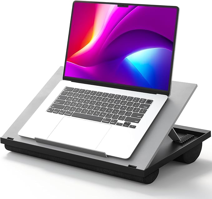 HUANUO Lap Desk with 8 Adjustable Angles – Up to 15.6" Laptop, Grey | Dual-cushion base, carry handle, 30% thicker for durability, wider anti-slip ledge, for home office, sofa, bed, car by HUANUO