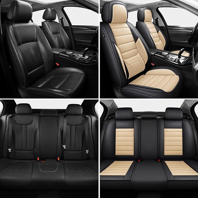 MINGBRON Car Seat Covers Full Set, Brown Car Seat Cover Lumbar Support, Car Seat Protector Waterproof, Nappa Leather Car Seat Cushion, Front Seats and Back Fit for Most Cars Beige - Image 2