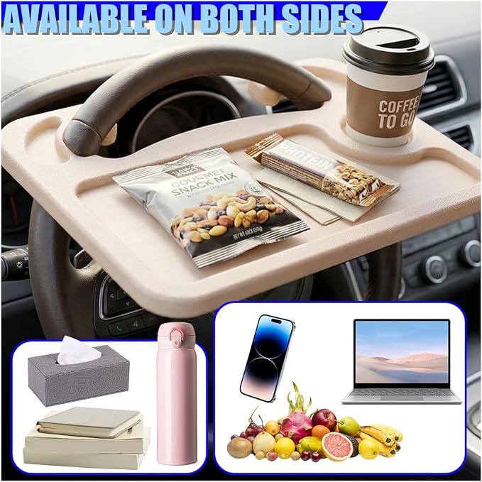 Car Steering Wheel Desk, 2 in 1 Multipurpose Auto Steering Wheel Tray with Drink Holder and Pen Slot, Portable Vehicle Computer Office Table Travel Accessories for Laptop, Food (Beige) - Image 6