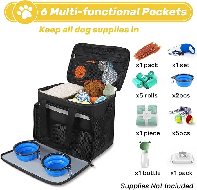 6 Set Dog Travel Bag, Large Pet Travel Kit for Supplies, Black | Includes 2 Food Containers, 1 Pet Organizer for Dogs, 2 Collapsible Bowls, 1 Treat Pouch, Dog Weekend Overnight Bag Luggage - Image 3