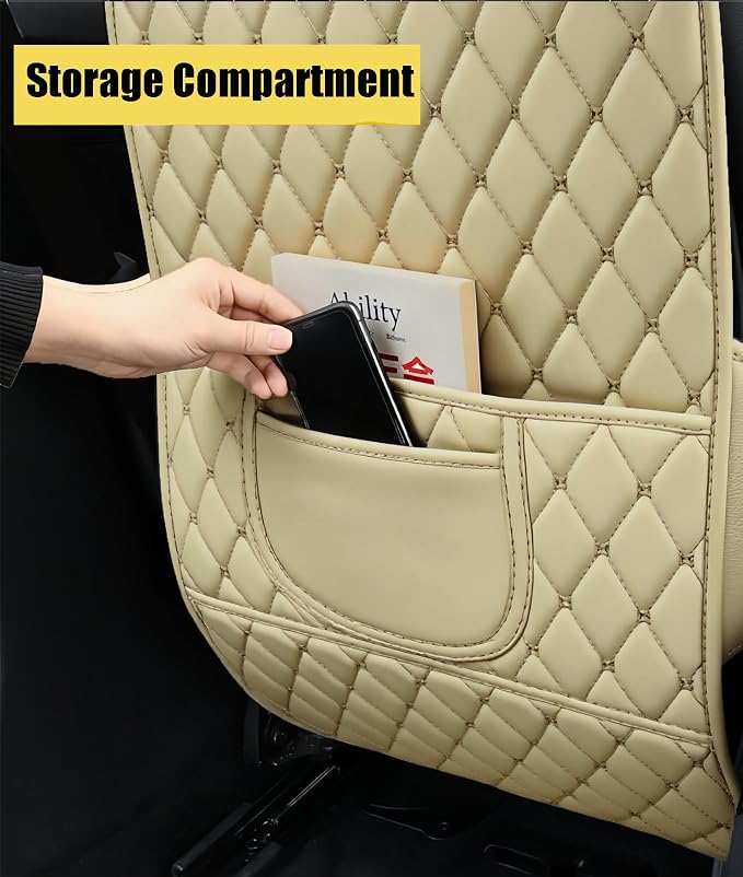 Leatherette Car Seat Protector - 2 Pack Large Car Kick Mats with Storage Organizer Seat Back Cover Against Dirty Shoes & Scratches, Universal Fit for Most Vehicles (Beige) - Image 7