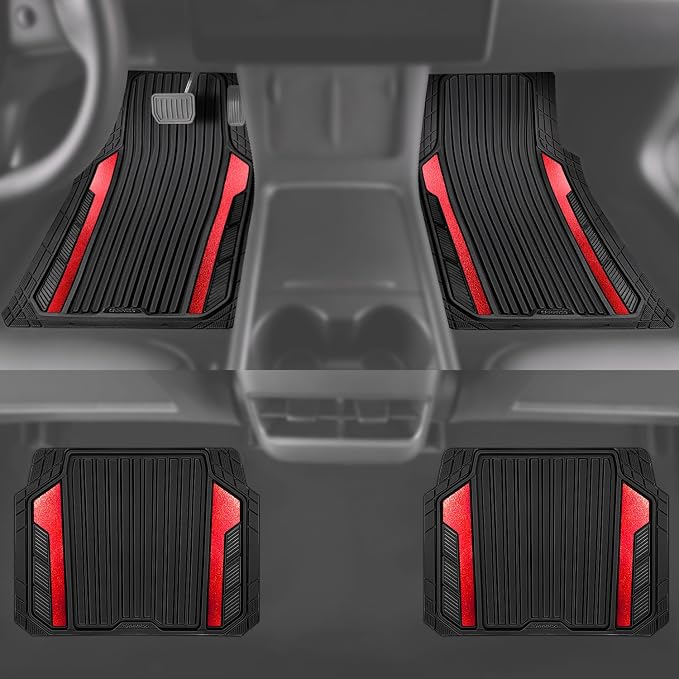 CAR PASS Heavy Duty Rubber Car Mats Metallic, Aluminum Film All Weather Floor Mats Waterproof Universal Trim to Fit Automotive SUV Sedan Van 4 Piece Anodized Deep Dish Two-Tone Sporty Black Red Chrome - Image 5
