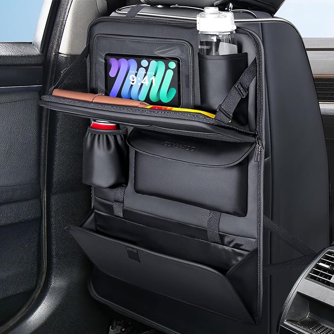 Coverado Backseat Car Organizer, Nappa Leather Car Seat Organizer with Touch Screen Tablet Holder, Foldable Food Tray, Kick Mats Protector, Multi Car Storage Accessories, Garbage Bag Holder-1 Pack by COVERADOAUTO
