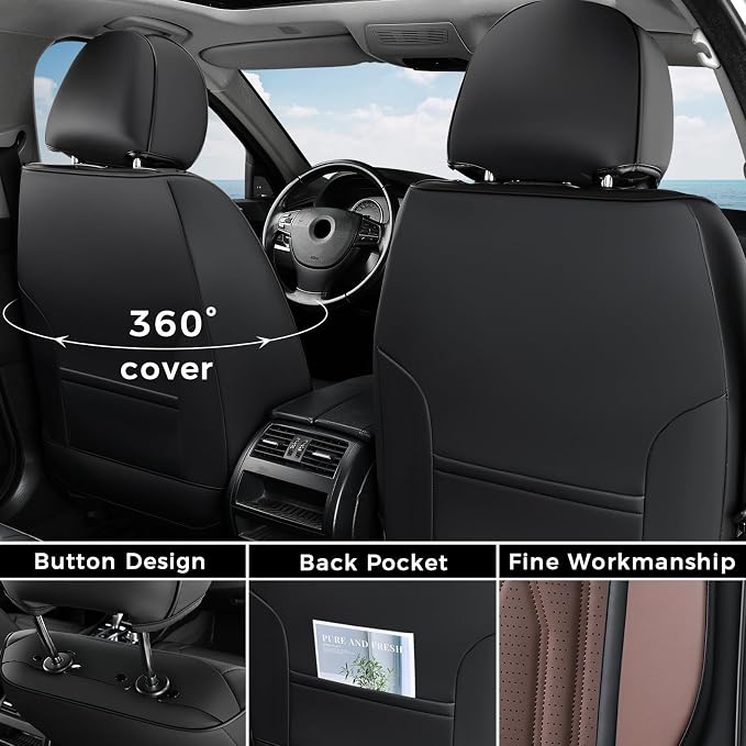 Coverado Seat Covers FullSet, 5 Seats Car Seat Protector, Waterproof Nappa Leather Cushion, Front & Rear Fit for Most Sedans SUV Pick-up Truck-Black&Coffee - Image 3