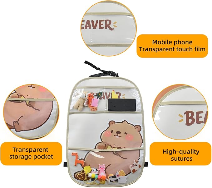 kids Leather Car Backseat Organizer with Foldable Table Tray, Car Storage Organizer with Tablet Holder, Car Seat Back Protectors Kick Mats, Travel Accessories (Beaver) - Image 2
