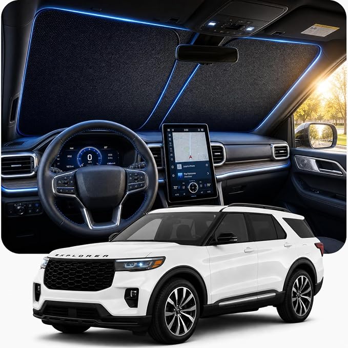 [2026 Upgraded] DooGooCoo Windshield Sun Shade for Ford Explorer 2020-2025 2026 [Cooling Ice-Crystal, 100% Sun Block ] Windshield Sun Shade for Ford Explorer Sun Shade, Custom Fit for Explorer. by DooGooCoo