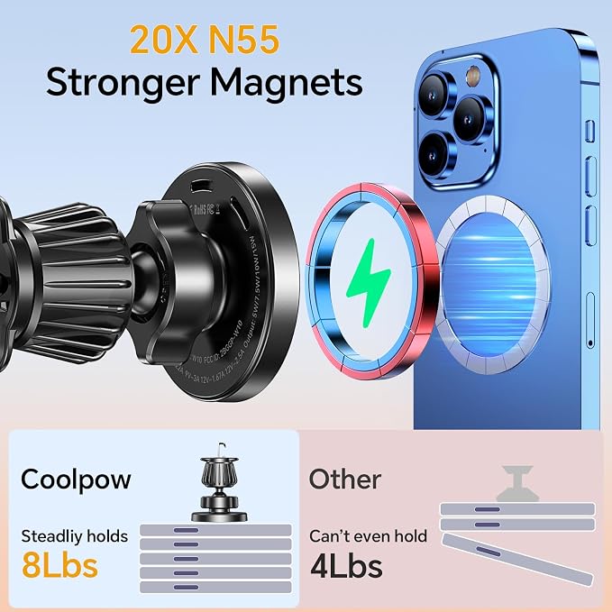 Coolpow for MagSafe Car Mount Charger【Ultra Magnet】 Magnetic Phone Holders for Your Car Charger【Windshield+Vent+Dash】 Magnetic Wireless Car Phone Holder Charger Car Mount for iPhone 17 (Carbon Fiber) - Image 5