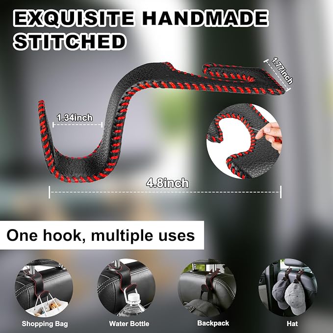 Car Seat Hooks for Purses and Bags, 2 Pack Car Purse Holder for Grocery Bag Handbag Clothes, Metal Headrest Hooks Covered by Leather, Black Red - Image 4