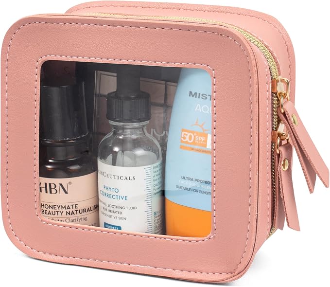 Mini Clear Makeup Bag, Small Cosmetic Bags Travel Toiletry Pouch Organizer, TSA Approved Make up Case with Zipper, Car Bag for Essentials(Pink, Mini-Chic) by LETGO