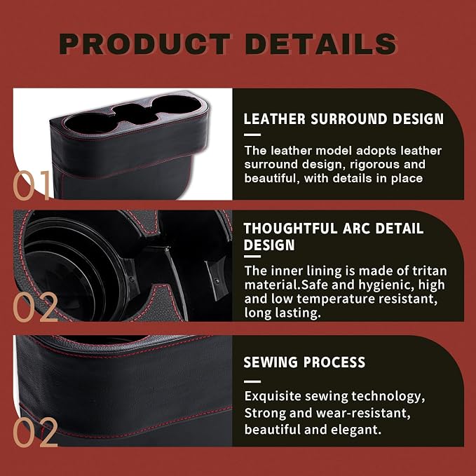 Car Cup Holder, PU Leather Auto Front Seat Organizer, Multifunctional Cup Drink Holders, Gap Filler Storage Box Coin Bucket Console Side Pocket Cell Mobile Phone Holder (Black) - Image 6