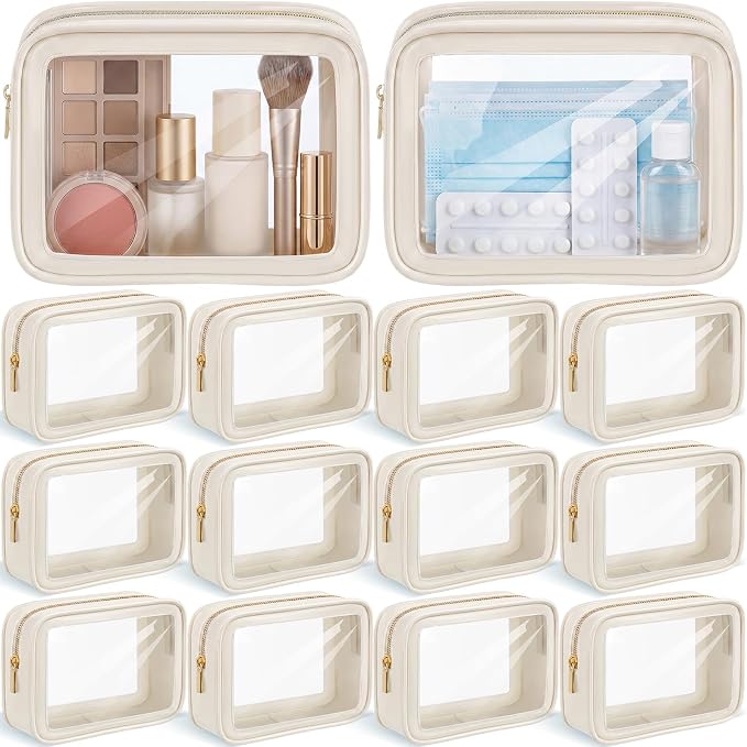 Hsei 12 Pcs Clear Makeup Bags Diaper Bag Organizer Travel Toiletry Bags with Zipper Clear Cosmetic Organizer Car Storage Pouch Bridesmaid Gift for Women Beach Vacation (Beige) by Hsei