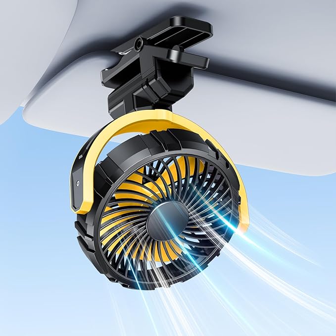 Battery Powered Fan for Car Visor Back Seat Roof Handle (Yellow) | 2000mAh Rechargeable Clip On Fan for Car SUV Van RV Pickup Truck Camping Desk Bed Stroller Baby Crib, Quiet, 360 Rotation by xuenair