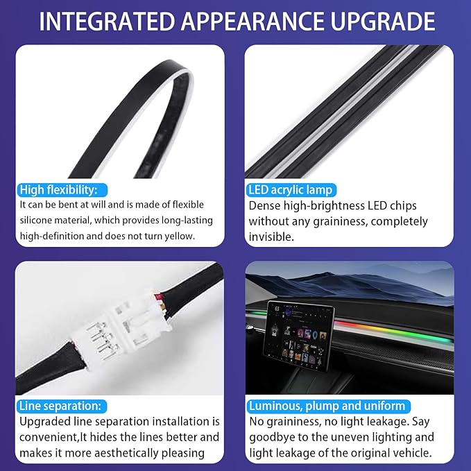 LED Car Ambient Lighting Strip for Tesla High Brightness with APP Control Multiple Colors and Car LED Strip Lighting Neon Lights for Model 3/Y (Dashboard& 4 Floor Lights) - Image 6