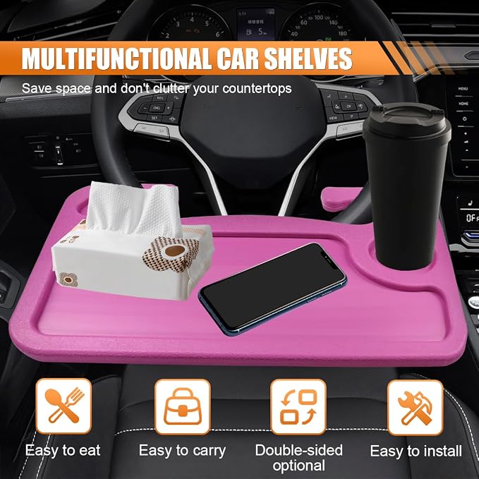ZIMISI Car Steering Wheel Tray, Computer Office Car Table Tray, Automotive Trays for Eating, Multipurpose Vehicle Desk Travel Accessories for Laptop, Food, Fits Most Steering Wheel (Pink) - Image 3