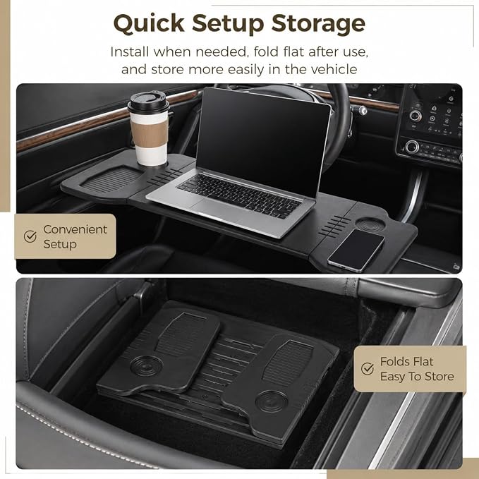 Foldable Car Desk Tray, Expandable Steering Wheel Table | Expandable car desk opens into a wider tabletop for laptop work or meals; with phone slot, cup holders and textured surface - Image 8