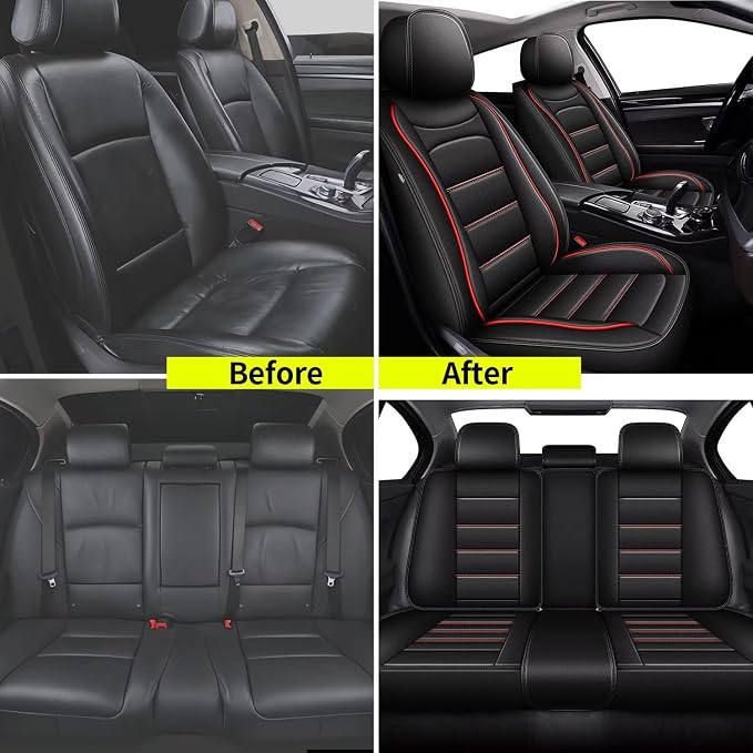 IKABEVEM Car Seat Covers Fit for Mitsubishi Mirage 2018-2025 2026: Full Set Luxury Leather Automotive Seat Covers, Car Seat Protector(5 Seats, Black&Redline) - Image 5