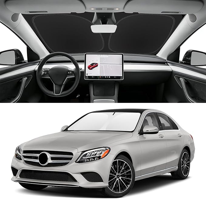 Windshield Sun Shade for Mercedes-Benz C-Class 2008-2024 | Blocks UV Rays and Sun Heat, Helps Reduce Interior Temperature, Protects Dashboard from Fading, Folds Easily for Storage by SLOGENTO