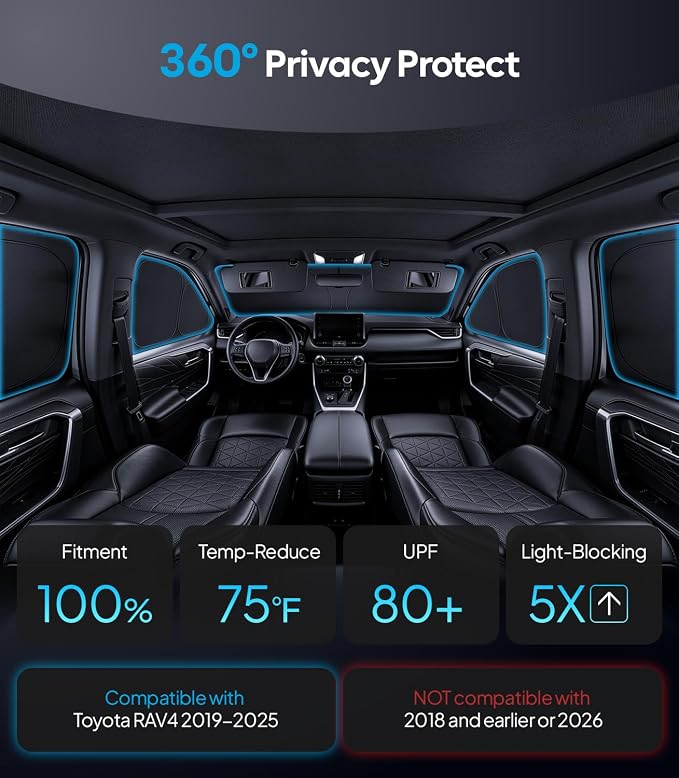 Wigoo 2026 8PC Full Set Window Sunshade for Toyota RAV4 2019-2025 | 7-Layer Cooler & Blacker, Ice-Crystal Tech, Full Set Shades With Windshield for Sun Block, Camping Accessories - Image 2