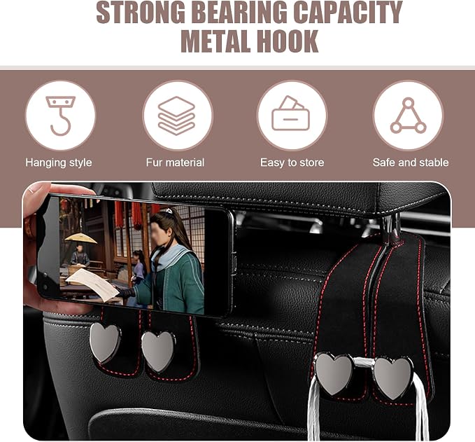 2 PCS Car Seat Headrest Hook, Car Hooks for Headrest, Storage Double Heart Shape Hooks, Suede Foldable Soft Hook Organizer, Universal for Cars (Black) - Image 5