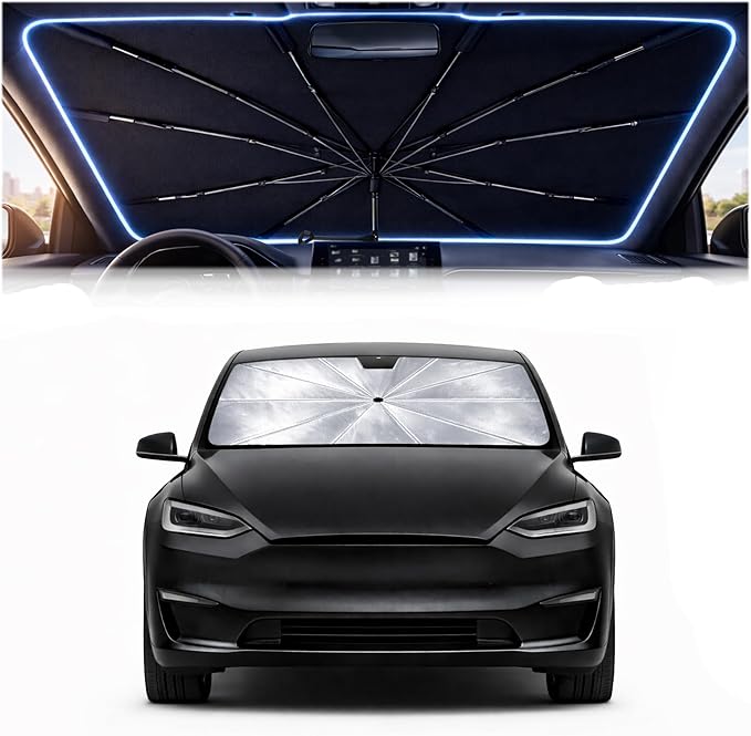 Car Windshield Sun Shade Umbrella for Tesla Model X 2016-2026 | 2026 Upgraded,Custom-Fit Umbrella Sunshade,Easy Install,UV Protection & Heat Reflective,Keep Interior Cooler with Storage Bag by Unknown