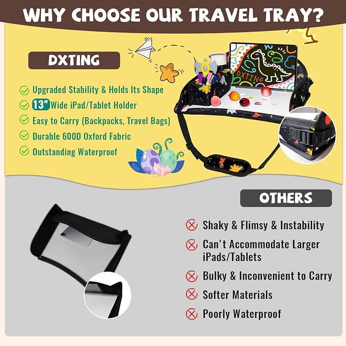 Kids Travel Tray for Car Seat, Toddler Car Seat Activity Tray, Kids Carseat Lap Table, Road Trip Essentials for Airplane, Lap Desk for Kid Roadtrip Activities, Cosmic Dino - Image 4