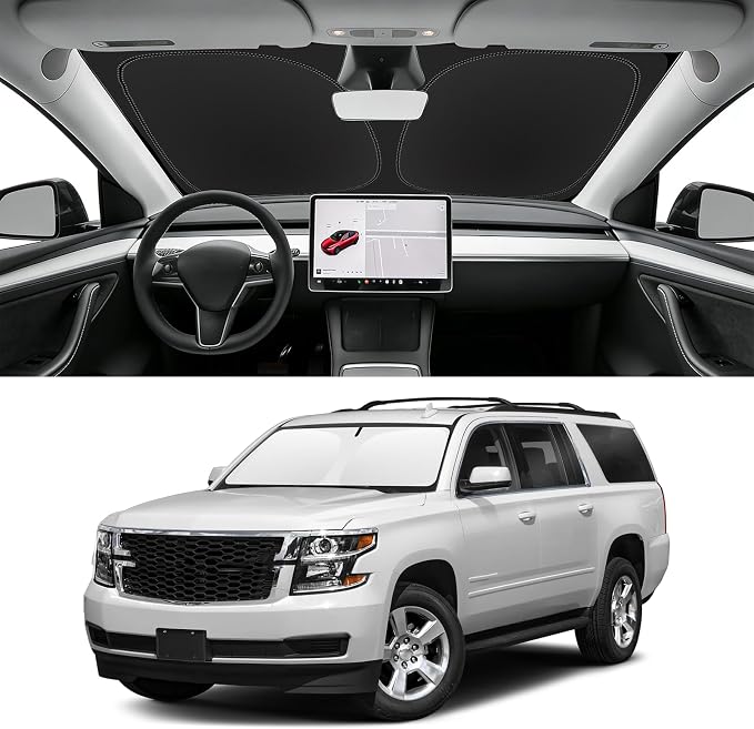 Custom Fit Windshield Sun Shade for Chevrolet Suburban 2015-2020 | Blocks UV Rays and Sun Heat, Helps Reduce Interior Temperature, Protects Dashboard from Fading, Folds Easily for Storage by SLOGENTO