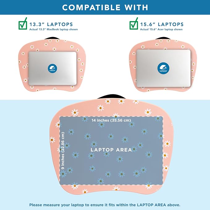 LAPGEAR MyStyle Lap Desk – Pink Daisy, Fits 15.6” Laptops | Dual-Bolster Microbead Cushion, Built-In Carry Handle, Ergonomic Curved Front Edge - Image 3