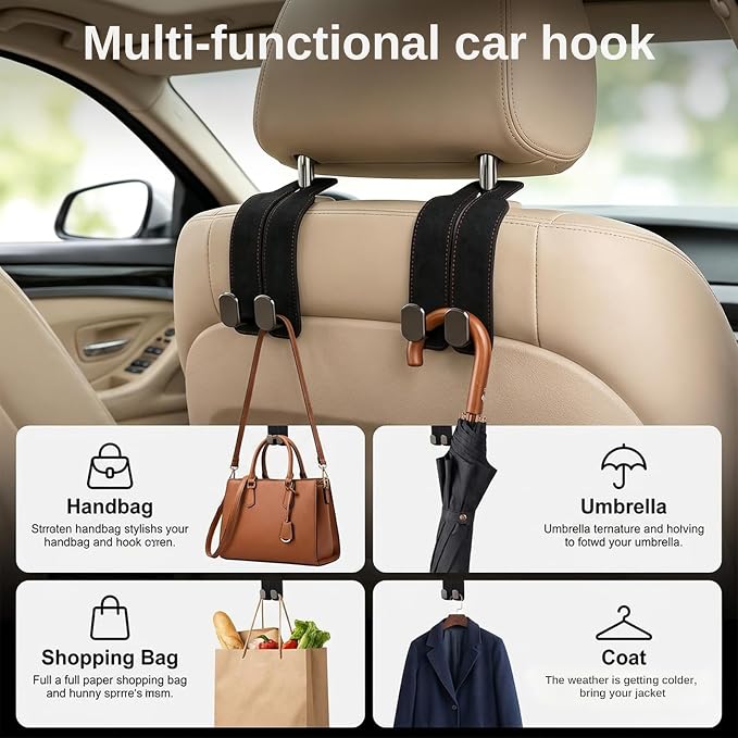 2 Pack Black Headrest Hooks for Car, Heavy Duty Purse Hook Holder Universal Vehicle Storage Organizer for Purses Bags Accessories - Image 3