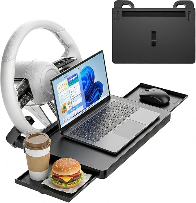 2 in 1 Steering Wheel Desk Dual Slide - 15"Out Trays Laptop Holder | Adjustable Laptop Tray,Car Seat Gap Filler Organizer with Tablet Slot Anti Slip Surface for Eating Writing Working for Car by Leopacat
