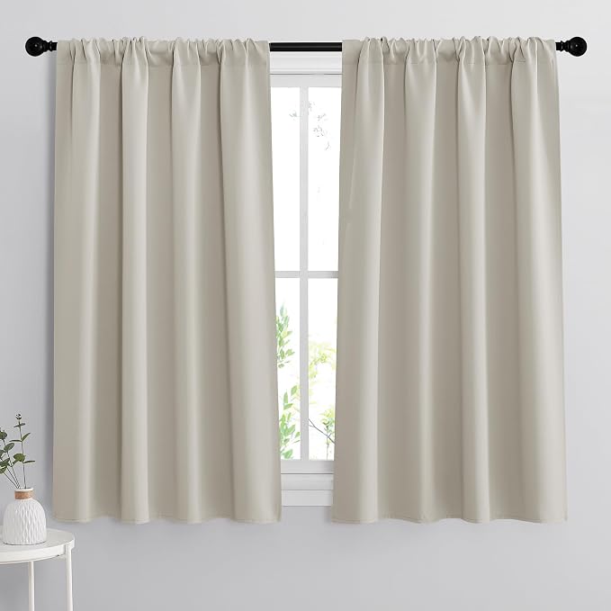 RYB HOME Short Curtains for Bedroom, Room Darkening, Rod Pocket | Thermal Insulated, Summer Heat Light UV Blocking, Triple-weave Fabric, Nursery Kitchen Bathroom, W42 x L48, Natural, 2 Panels by RYBHOME