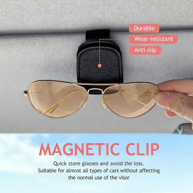 Sunglass Clip for Car Visor, Car Sunglass Holder Clip, Sunglasses Visor Clips for Cars, Magnetic Leather Glasses Eyeglass Hanger Clip for Car, Car Visor Accessories (Black) - Image 2