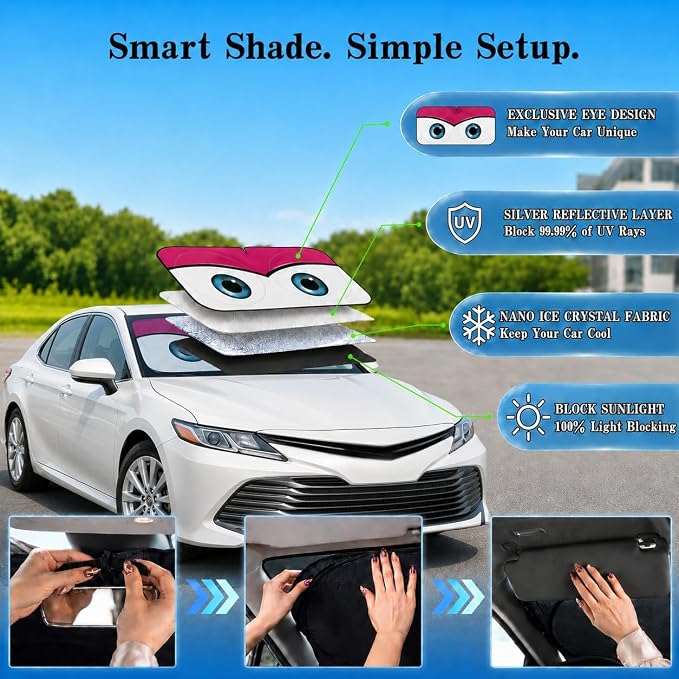 Car Windshield Sun Shade, Universal Fit Midsized Sedan SUV, Cute Pink | 61 x 31.5" Windshield Cover, Foldable Front Window Sunshade, UV Heat Protection, Cute Eyes Series - Image 4