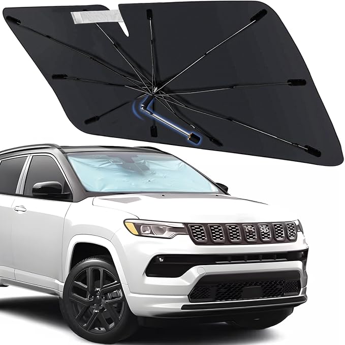 Windshield Sun Shade Umbrella for Jeep Compass 2017-2025 Front Windows | Foldable Car Sunshade with 360° Rotating Shaft, Custom fit Compass Sun Visor Shield for UV Blocking and Heat Insulation by Visufy