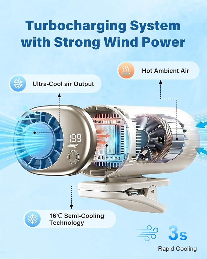 2026 Car Clip on Air Conditioner Fan with LED Display Portable Mini Cooling System 360° Rotation Adjustable 200 Speeds Rechargeable Handheld Gadget 16℃ Semi Wide Clamp for Vehicle Shirt Waist(Gray) - Image 4