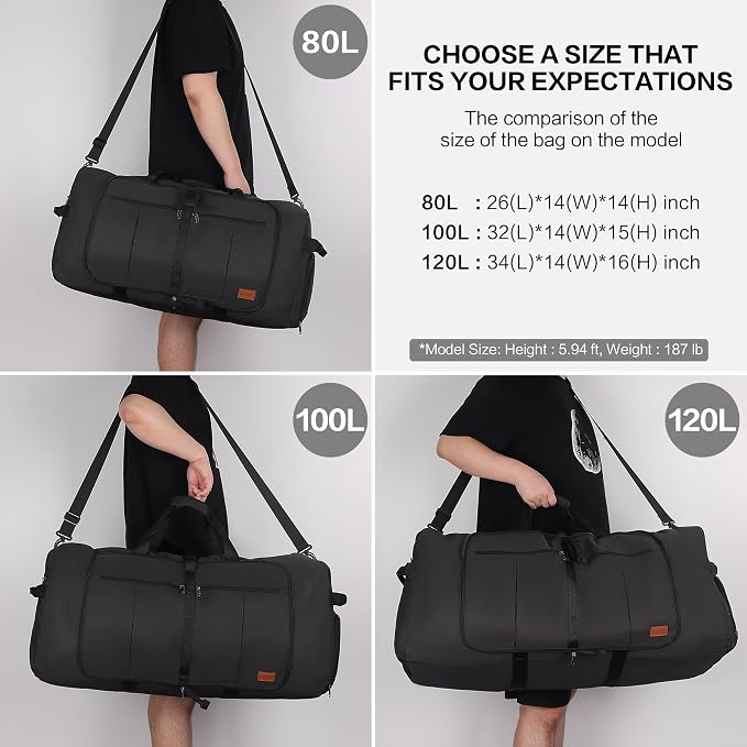 120L Foldable Collapsible Waterproof Travel Duffel Bag for Men and Women | with Shoe Compartment, Black, 34" Duffle for Weekender Gym Sport, Tear Resistant - Image 2