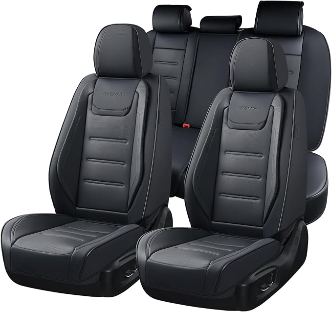 Coverado Car Seat Covers Full Set, Seat Covers for Cars, Car Seat Protector Waterproof, Leather Car Seat Cushion, Universal Interior Covers Seat Protectors for Most Cars Black by COVERADOAUTO