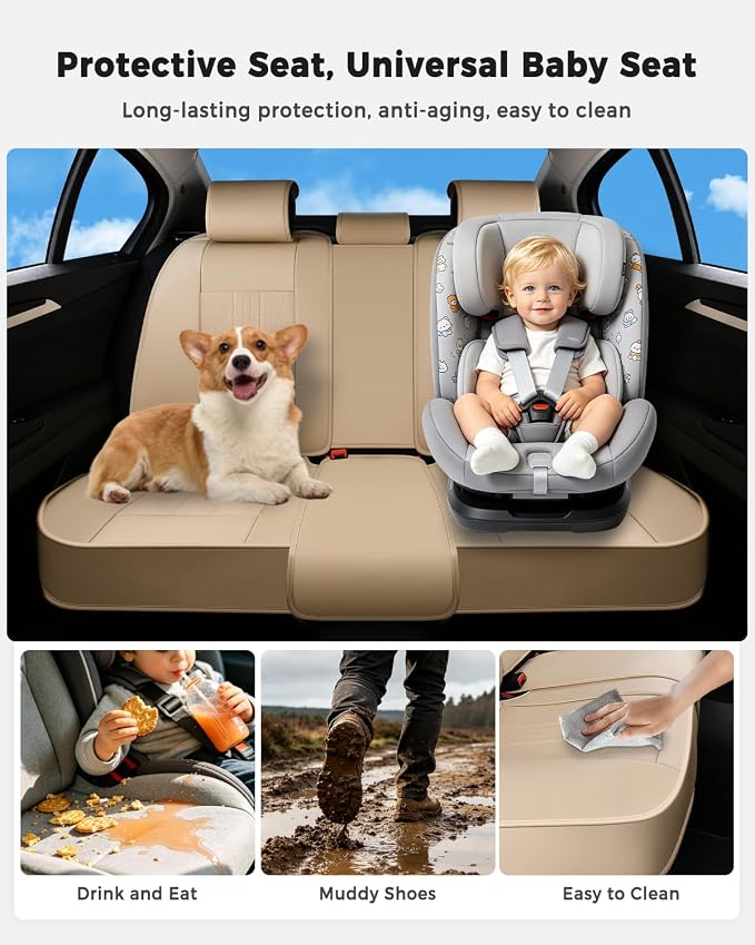 Huidasource Beige Back Seat Cover, Luxury Faux Leather Car Back Seat Cover, Velcro Adjustable, Compatible with Child Seat, Perforation Cooling＆Heating, Universal Fit for Most Cars Vans, Trucks, SUVs - Image 5
