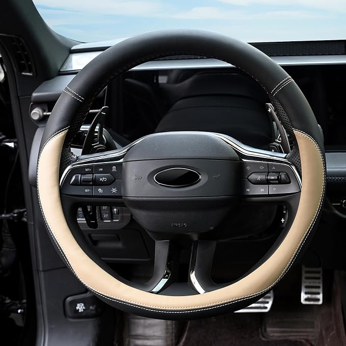 Microfiber Leather Steering Wheel Cover Universal 15 inch (Beige) - Image 3