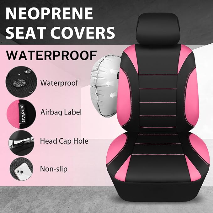 CAR PASS Waterproof Car Seat Covers Full Sets, Universal Fit Seat Covers for Cars, EVA Neoprene Seat Cover Set Full Sets, Interior Covers for Auto SUV,Vans,sedans, Trucks,(Black Pink) - Image 3
