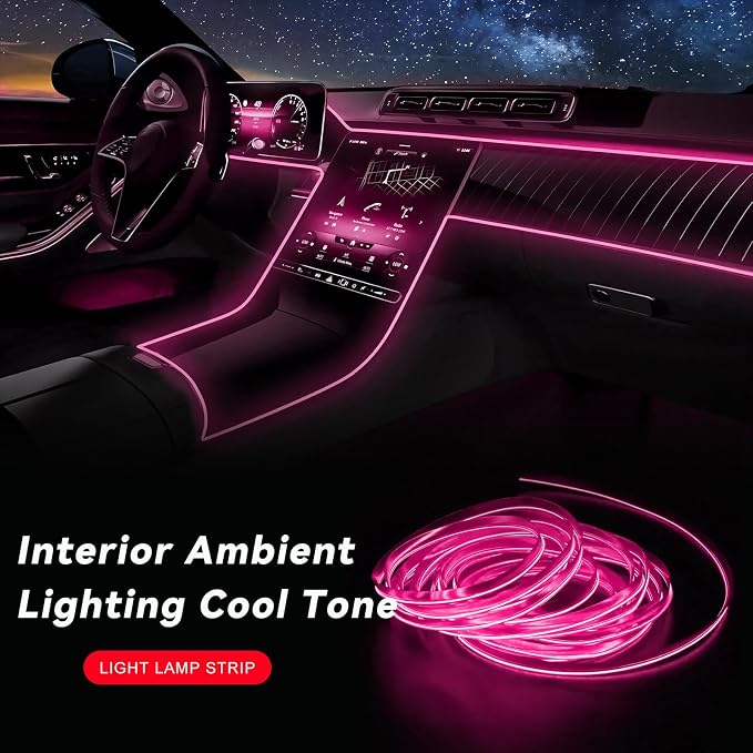 EL Wire Interior Car LED Strip Lights, 16.5FT 5V EL Wire Strip Neon Glowing Strobing Light w/ 5mm Sewing Edge, USB Electroluminescent Ambient Lighting Kit for Car Inside Decoration (Pink) - Image 4
