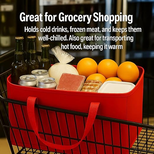 musbus 2Pk Insulated Reusable Grocery Bags, Collapsible Cooler Bag for Groceries, Heavy Duty Large Insulated Bag (Large, Bright Red) - Image 3
