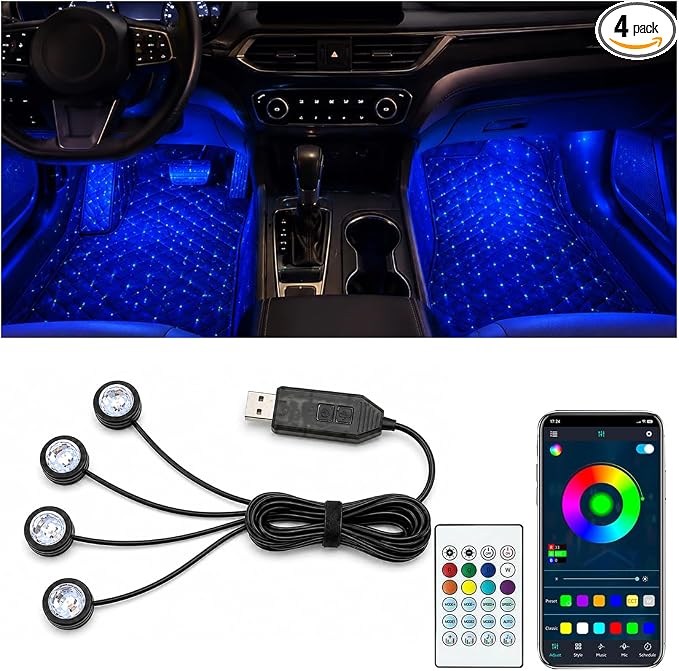 Car Interior LED Lights,4 in 1 RGB APP Control Automotive Under Dash Neon Ambient Lighting with USB Port,Music Sync Auto Footwell Lamp,Car Interior Atmosphere Light by WXIHYOS
