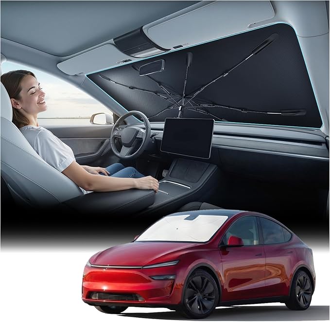 Nmoiss [Vinyl Coating Heat Shield] Windshield Sun Shade Umbrella Fit for Model Y 2020-2026 Include Juniper, Protect Car from Sun Rays & Heat Damage Keep Cool and Protect Interior, TeslaAccessories by Nmoiss