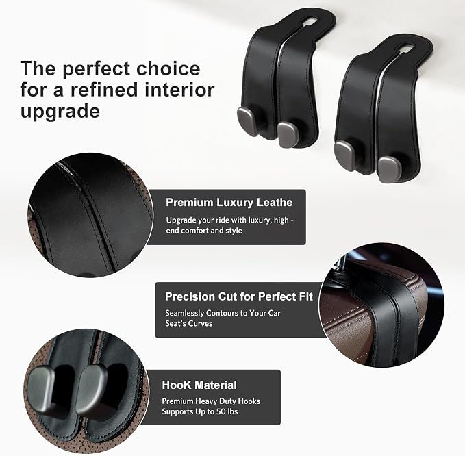 CoBak Purse Hook for Car - Universal Premium Stitched Leather and Aluminum-Magnesium Alloy Double Car Seat Back Storage Hook for Purses, Handbags, Bags (2 Pack),Black - Image 2