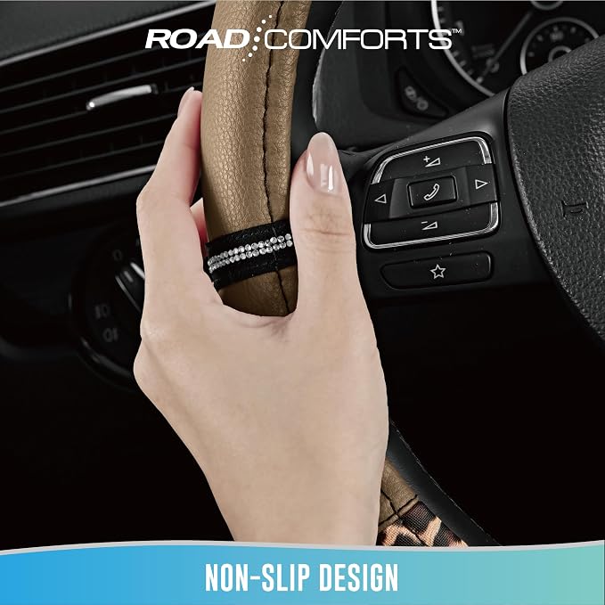 Road Comforts Leopard Steering Wheel Cover for Women, Cute Anti-Slip Microfiber Leather, Universal Fit 14.5-15 Inch Round Steering Wheel - Beige - Image 8