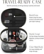 Travel Makeup Bag Clear Compact Make Up Vanity Case with Brush Storage and Top Handle, Toiletry Makeup Case Traveling Leather Cosmetic Bag, Portable Medium Large Sized Train Case, Black - Image 2