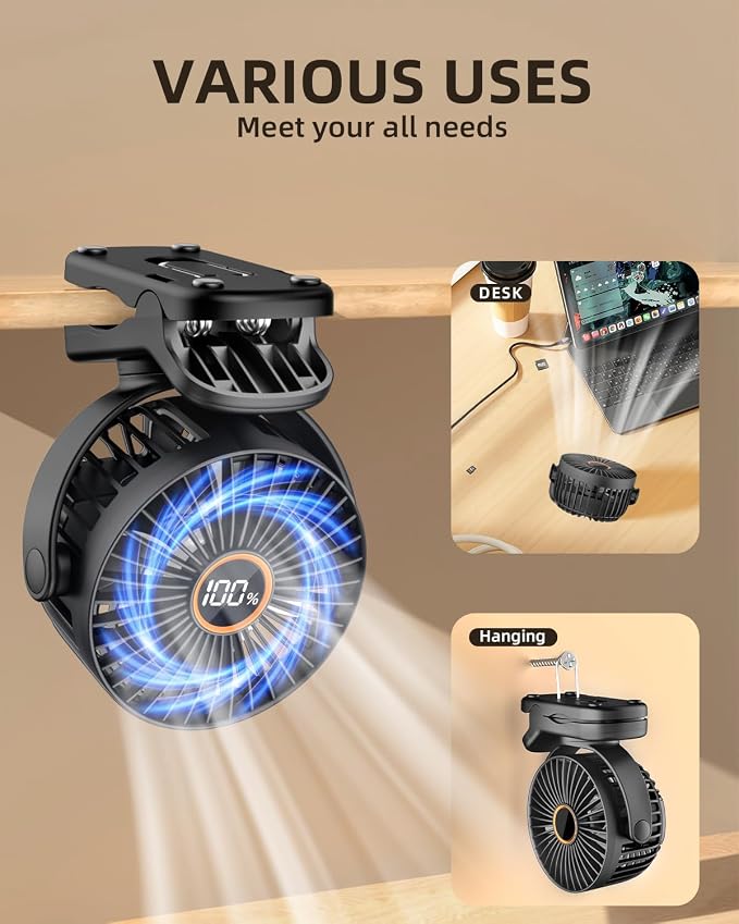 TUNISE Mini Clip on Fan, Battery Operated Desk Fan, Digital display，3 Speeds Adjustable, Bidirectional 360 ° Adjustable, Super Strong Wind, Portable Fan for Home Office Stroller Camping Black - Image 7