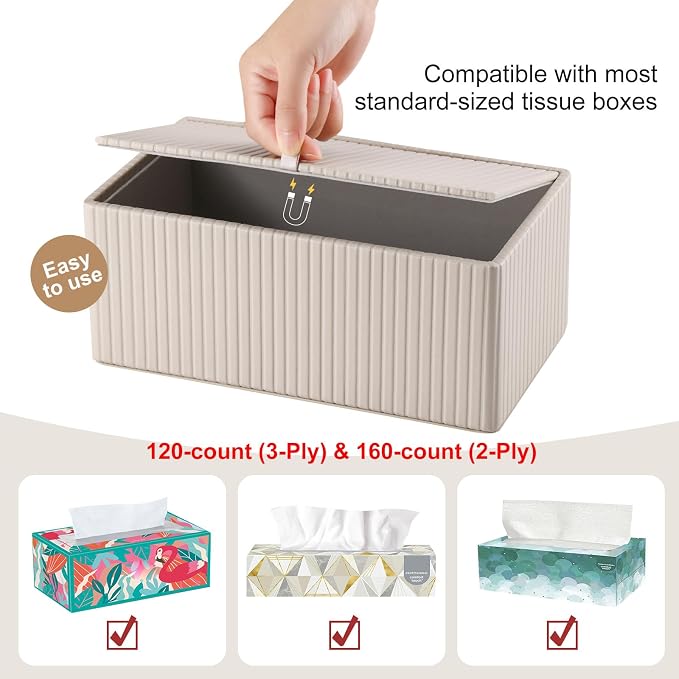 KINGFOM PU Leather Tissue Box Cover Rectangular Tissue Box Holder with Magnetic Bottom, Napkin & Facial Tissue Holder Dispenser for Home, Office for Standard 120-count/160-count (2-Ply) Beige Stripe - Image 8