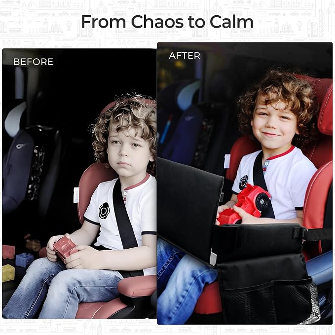 Kids Travel Tray for Car Seat, Carseat Table Tray for Kids Road Trip Activities, Car Trays for Kid Roadtrip Essentials, Toddler Lap Desk Organizer for Airplane - Black - Image 4